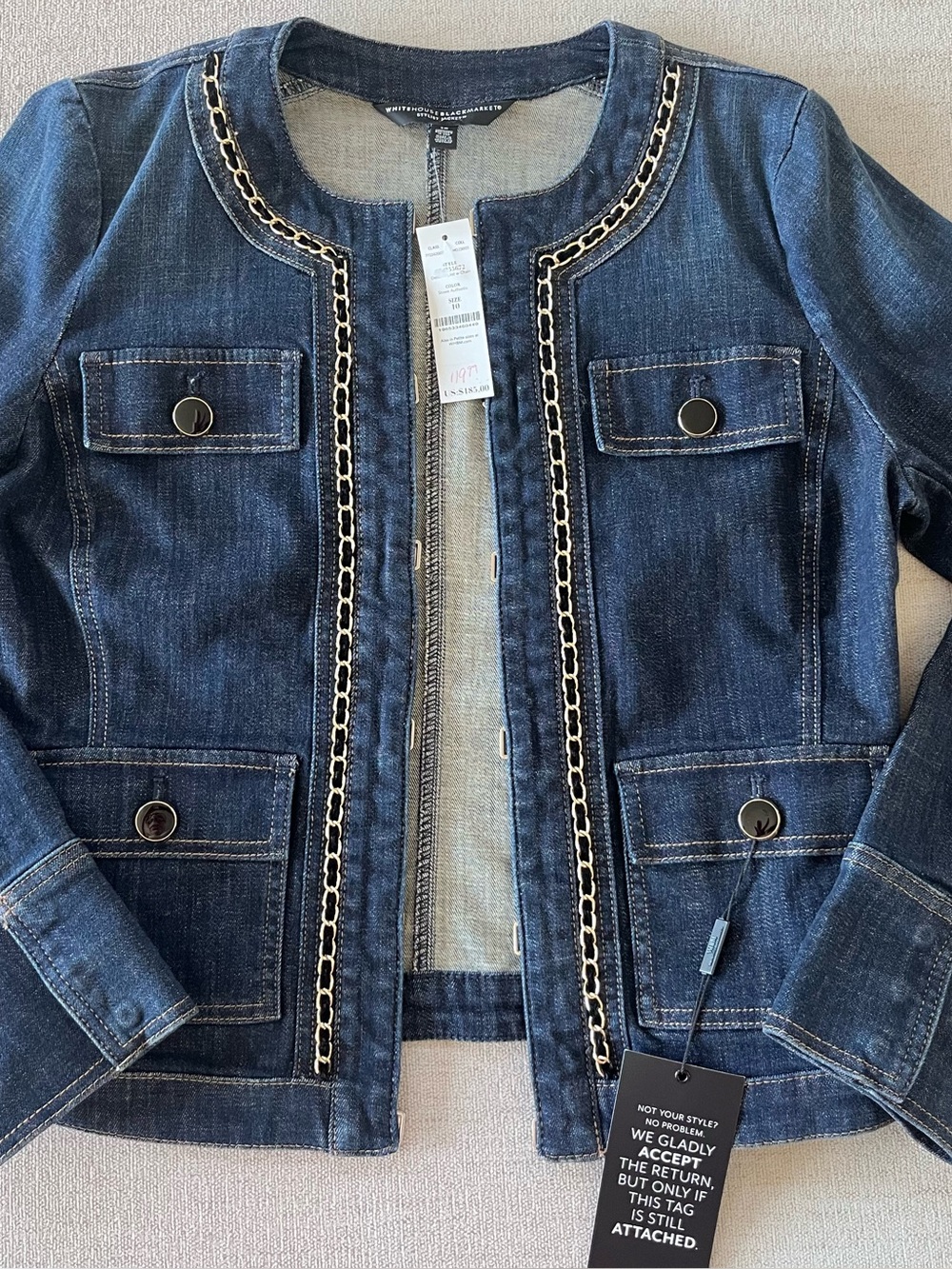 NWT - Size 10 White House Black Market Dark Blue Denim Jacket with Chain Trim